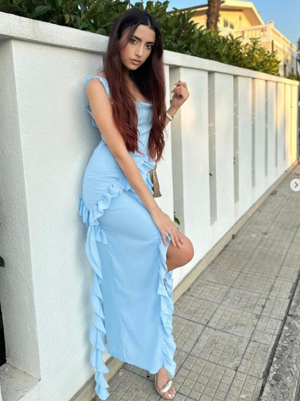 Sexy Spaghetti Strap Sleeveless Mermaid Satin Long Evening Prom Dresses Online, OLP705