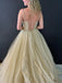 Formal Spaghetti Strap V-neck Sleeveless A-line Tulle Long Prom Dresses For Party Online, OL369