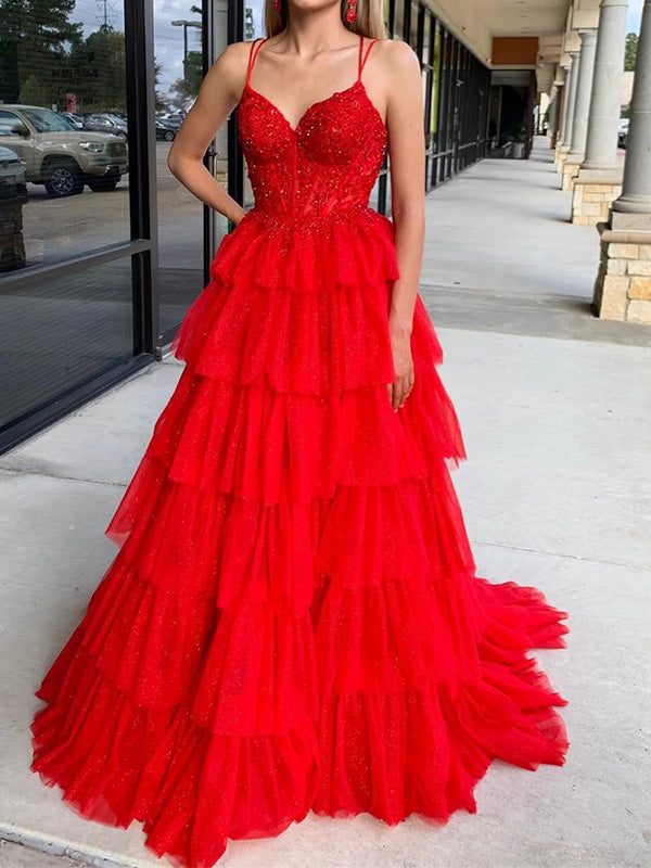 Formal Spaghetti Strap Sleeveless Red Tulle A-line Long Prom Dresses With Trailing For Party Online, OL357