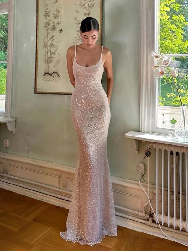 Shiny Spaghetti Strap Sleeveless Mermaid Sequin Long Prom Dresses Online, OLP621