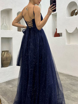 Simple Spaghetti Strap V-neck Sleeveless A-line Tulle Long Prom Dresses Online, OL567