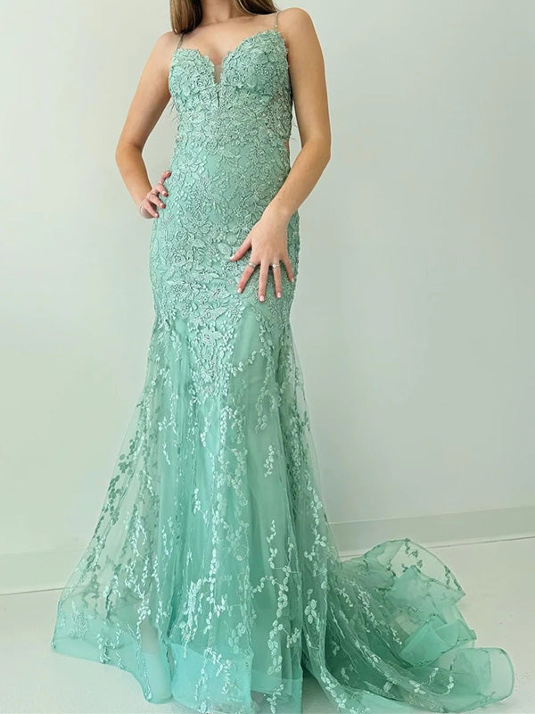 Gorgeous Spaghetti Strap Sleeveless Tulle Mermaid Lace Long Prom Dresses With Trailing For Party Online, OL350