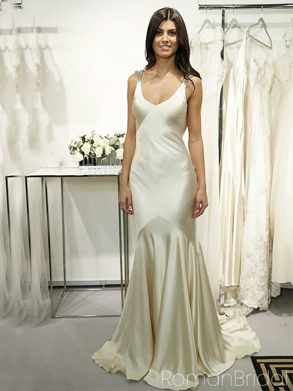 Soft V-neck Sleeveless Mermaid Satin Evening Prom Dresses Online, OLP819