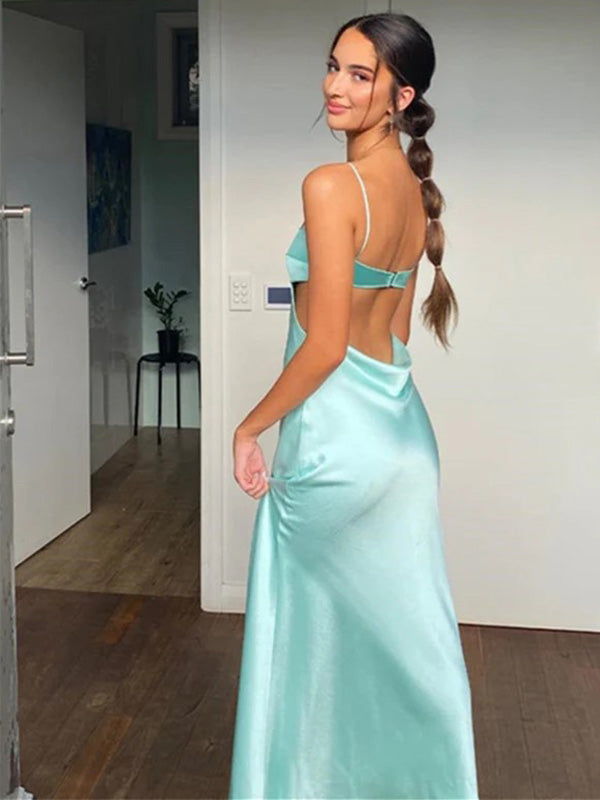 Soft Spaghetti Strap Sleeveless Mermaid Satin Evening Prom Dresses Online, OLP912