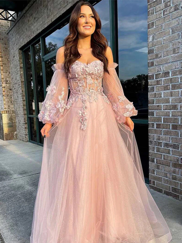 Unique Off-shoulder Full Sleeve A-line Tulle Long Prom Dresses For Party Online, OL385