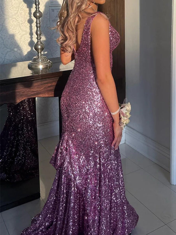 Elegant V-neck Sleeveless Mermaid Sequin Evening Prom Dresses Online, OLP890