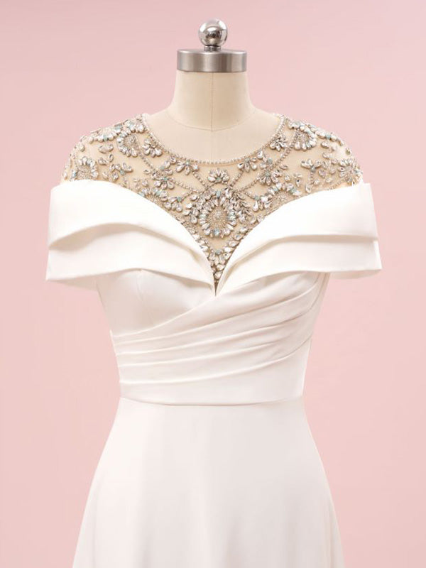 Elegant Off-shoulder Sleeveless A-line Satin White Long Prom Dresses For Party Online, OL330