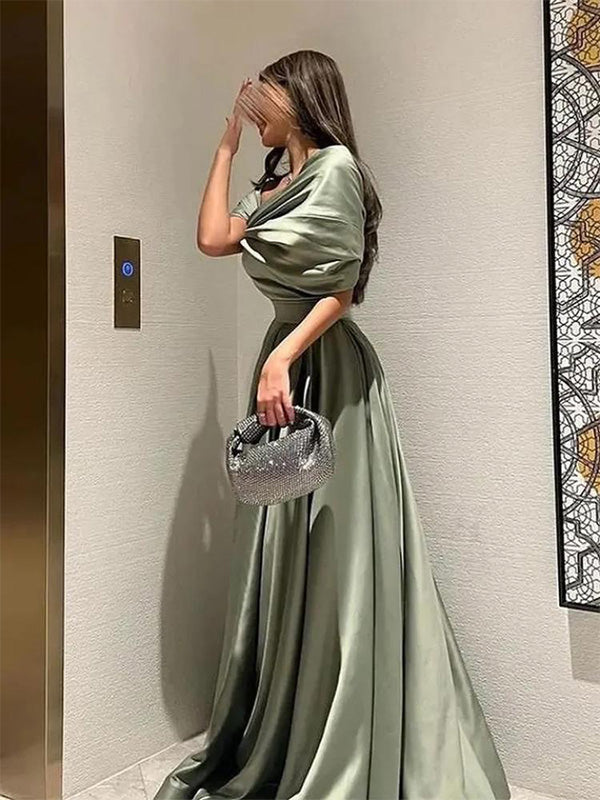 Formal Off-shoulder Sleeveless A-line Satin Long Evening Prom Dresses Online, OLP769