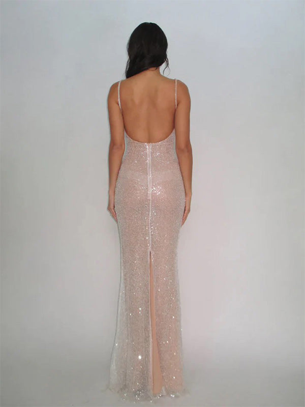 Shiny Spaghetti Strap Sleeveless Mermaid Sequin Long Prom Dresses Online, OLP621