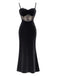 Sexy Black Spaghetti Strap Sleeveless Mermaid Satin Black Long Prom Dresses Online, OL509