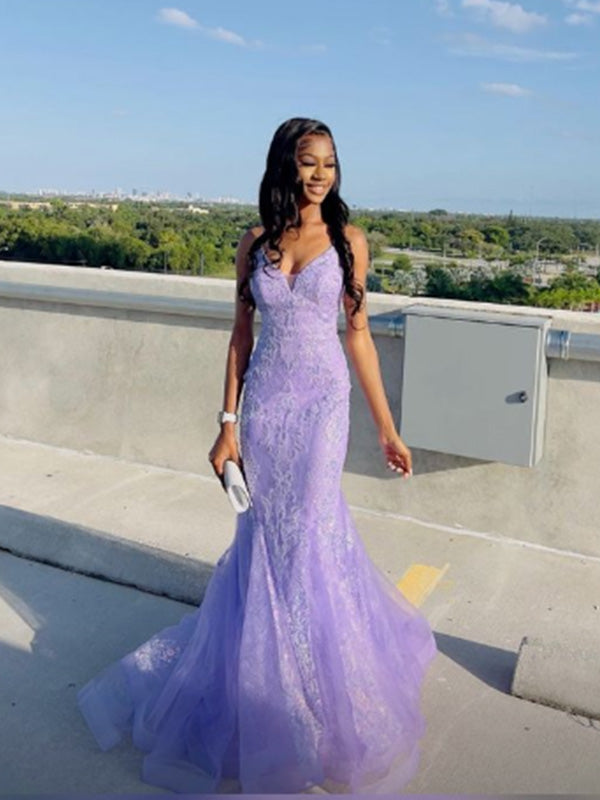 Sexy Spaghetti Strap V-neck Sleeveless Mermaid Lace Long Prom Dresses Online, OL587