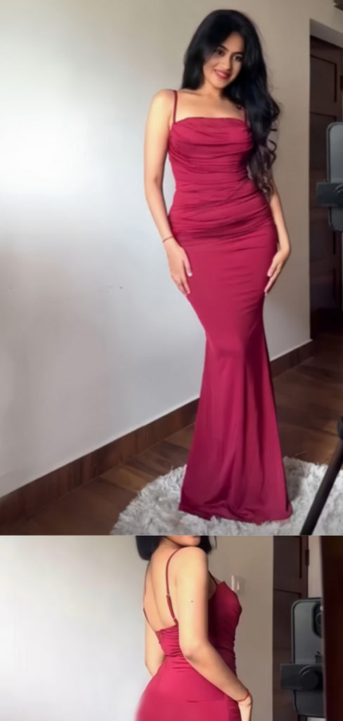 Sexy Spaghetti Strap Sleeveless Mermaid Satin Evening Prom Dresses Online, OLP1102