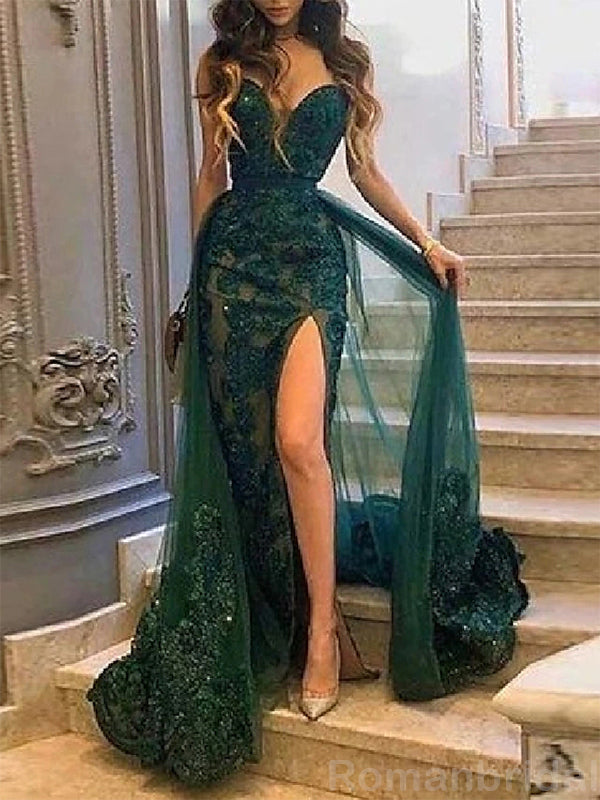 Sexy Applique Sweetheart Mermaid Side Slit Tulle Dark Green Evening Prom Dress Online, OL090
