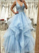 Elegant Straps V-neck A-line Tulle Sky Blue Evening Prom Dress Online, OL091