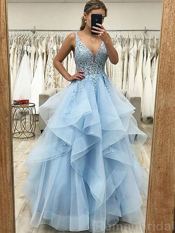 Elegant Straps V-neck A-line Tulle Sky Blue Evening Prom Dress Online, OL091