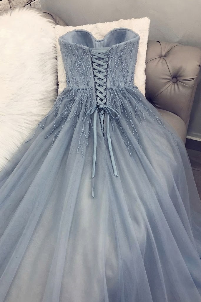 A-line Dusty Blue Sweetheart Appliques Strapless Long Tulle Prom Dresses, PD0846