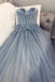 A-line Dusty Blue Sweetheart Appliques Strapless Long Tulle Prom Dresses, PD0846