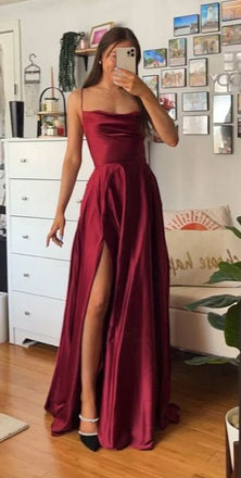 Simple Spaghetti Strap Sleeveless A-line Satin Evening Prom Dresses Online, OLP1038