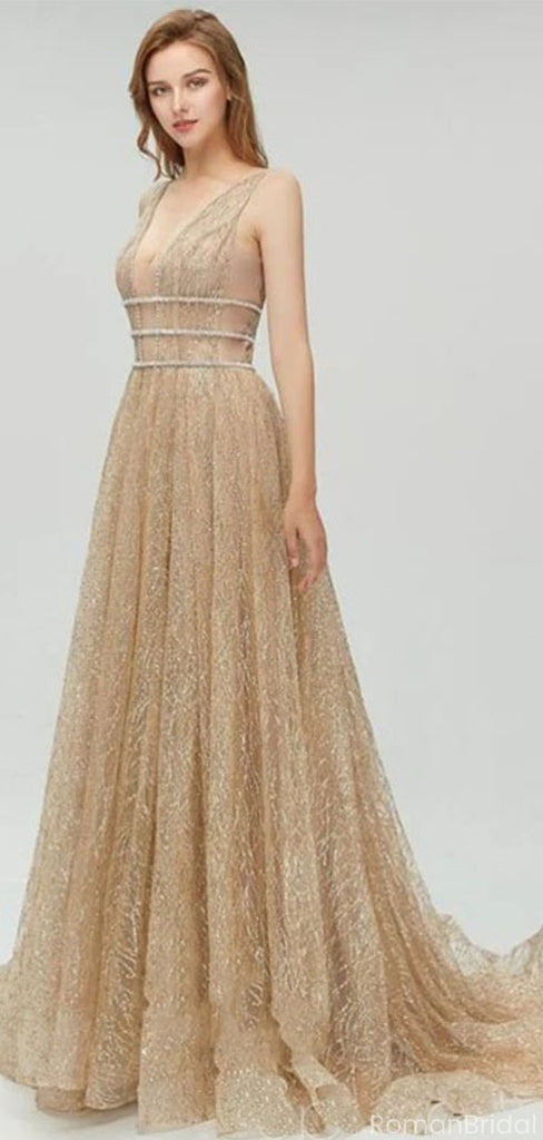Sexy Gold Deep V Neck Sparkly Popular Evening Formal Long Prom Dresses,OLP1729
