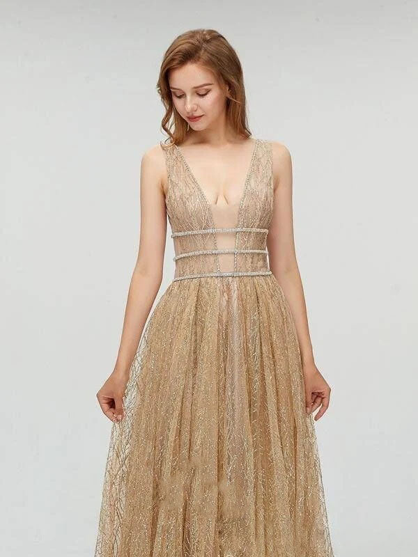 Sexy Gold Deep V Neck Sparkly Popular Evening Formal Long Prom Dresses,OLP1729