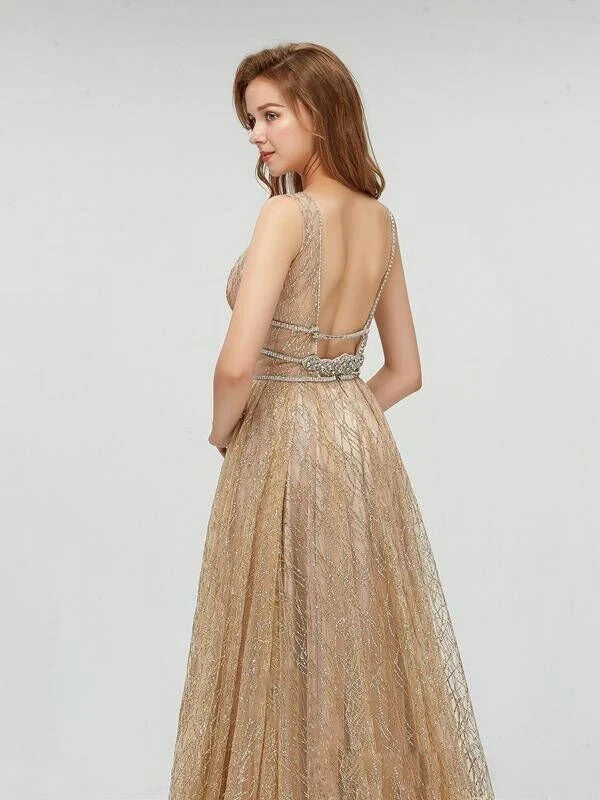 Sexy Gold Deep V Neck Sparkly Popular Evening Formal Long Prom Dresses,OLP1729