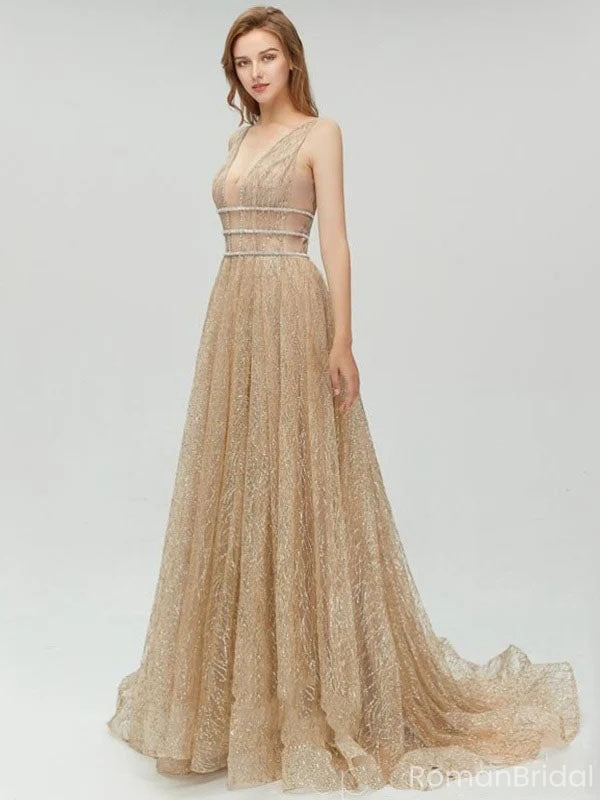 Sexy Gold Deep V Neck Sparkly Popular Evening Formal Long Prom Dresses,OLP1729