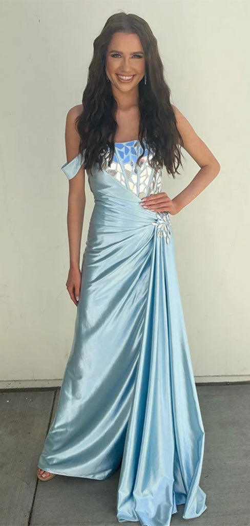 Sexy Off-shoulder Sleeveless Mermaid Satin Long Prom Dresses For Party Online, OL372