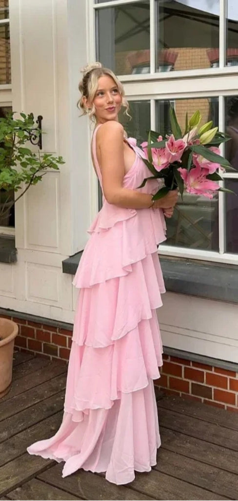 Cute Halter Sleeveless A-line Satin Ruffles Evening Prom Dresses Online, OLP831