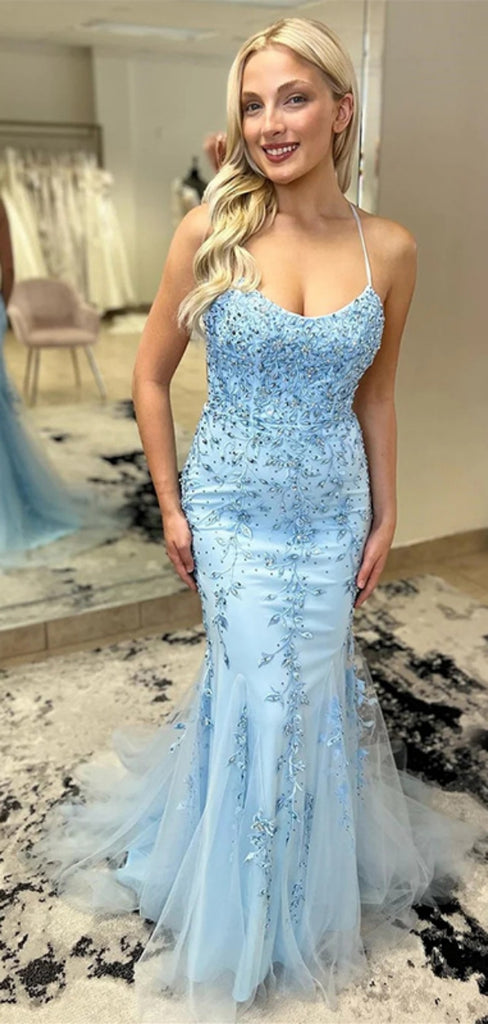 Elegant Spaghetti Strap Sleeveless Mermaid Lace Long Prom Dresses  For Party Online, OL361