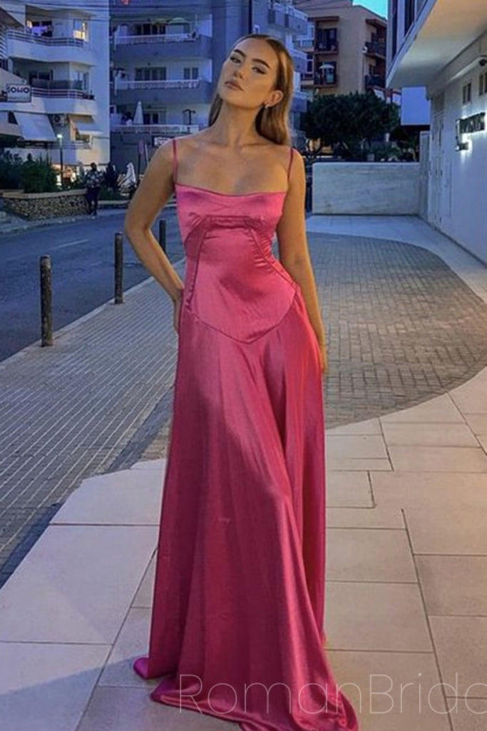 Soft Spaghetti Strap Sleeveless A-line Satin Long Prom Dresses Online, OL571