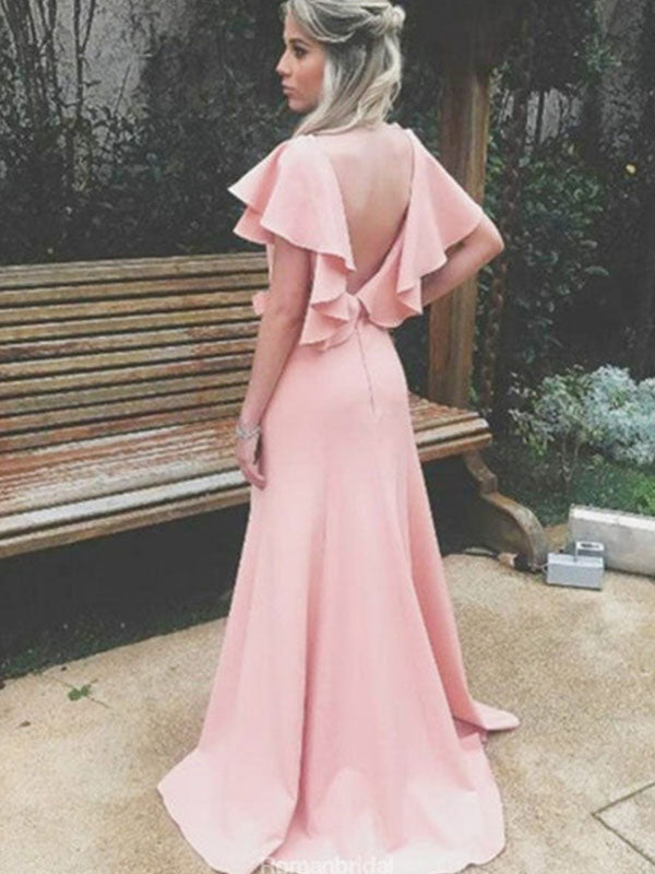 A-line Simple Split V-back Bridesmaid Dress with Ruffles, BD0537