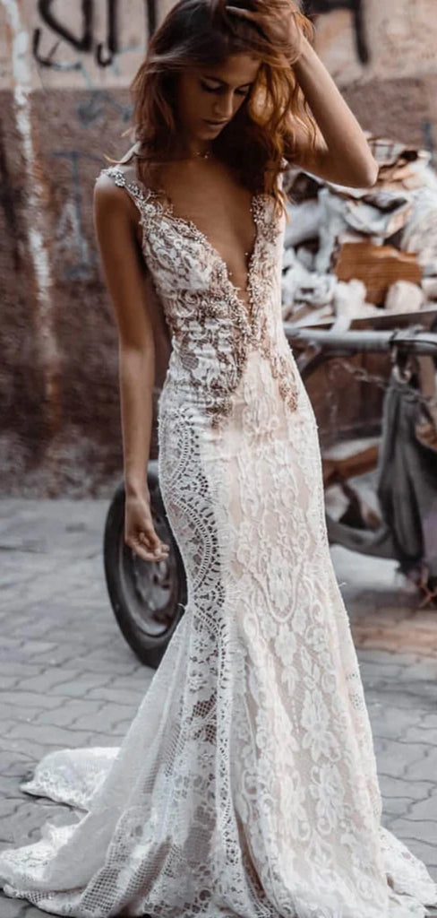 Elegant V-neck Sleeveless Mermaid White Lace Long Wedding Dresses With Trailing, WD0551