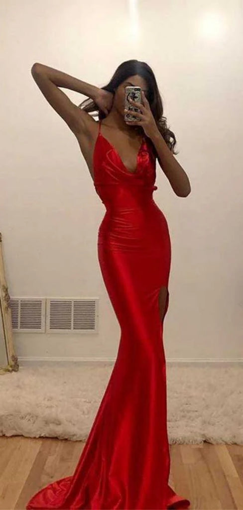 Sexy V-neck Sleeveless Mermaid Satin Long Prom Dresses With Trailing Online, OL469