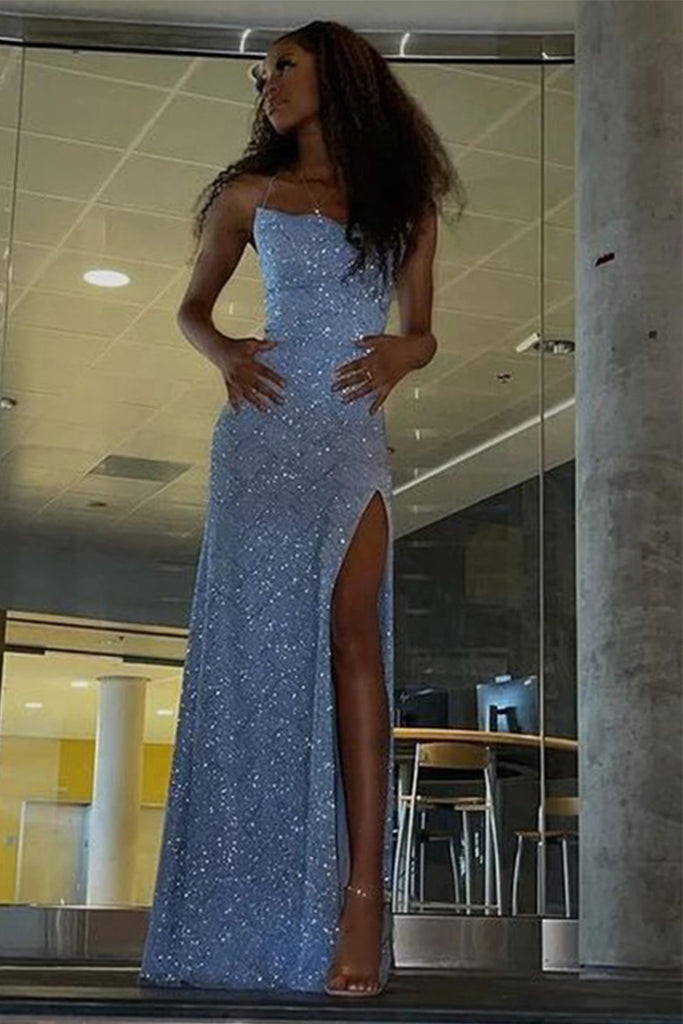 Shiny Spaghetti Strap Sleeveless Mermaid Sequin Long Evening Prom Dresses Online, OLP713