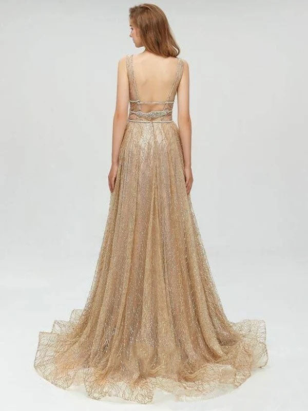 Sexy Gold Deep V Neck Sparkly Popular Evening Formal Long Prom Dresses,OLP1729