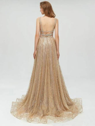 Sexy Gold Deep V Neck Sparkly Popular Evening Formal Long Prom Dresses,OLP1729