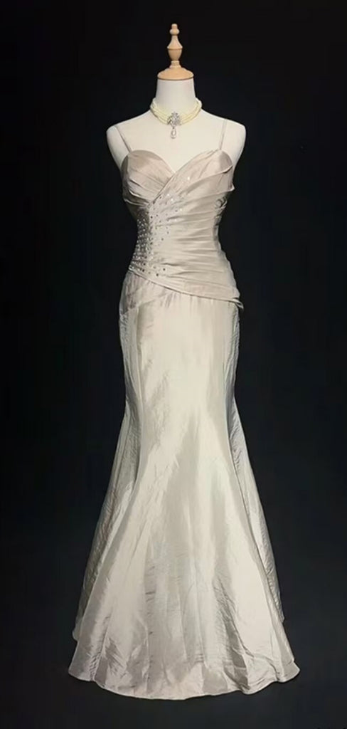 Sexy Spaghetti Strap Sleeveless Mermaid Satin Long Prom Dresses For Party Online, OL397