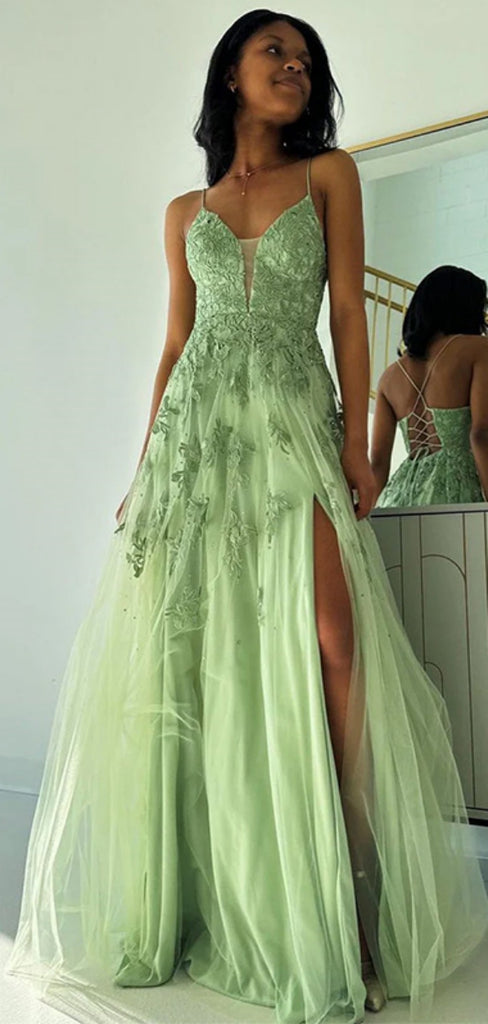 Gorgeous Spaghetti Strap V-neck Ruffles Tulle A-line Long Prom Dress With Slit Online, OL317