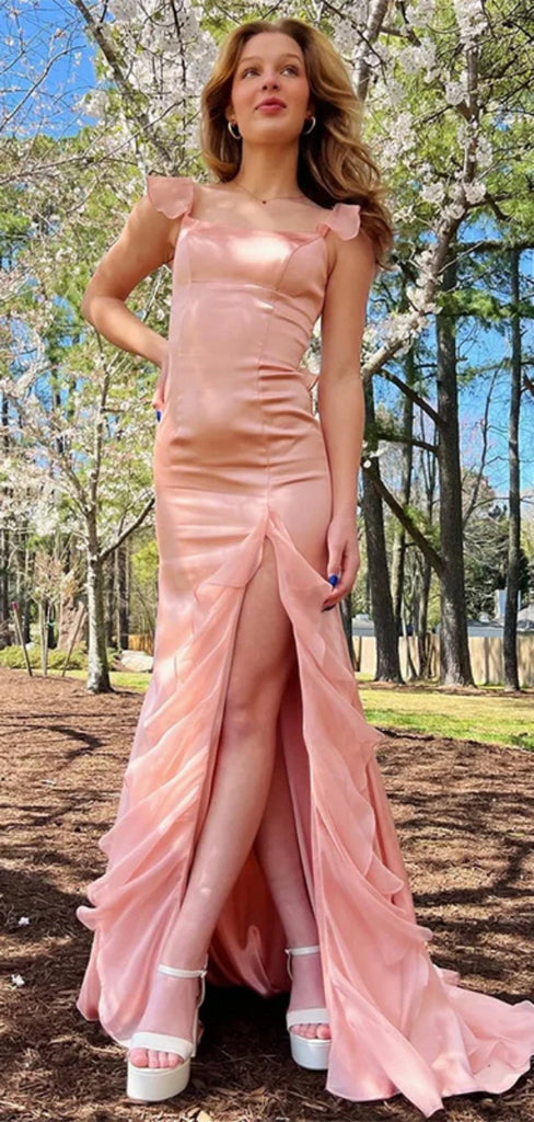 Sexy Spaghetti Strap Sleeveless Mermaid Satin Long Prom Dresses With Trailing For Party Online, OL341