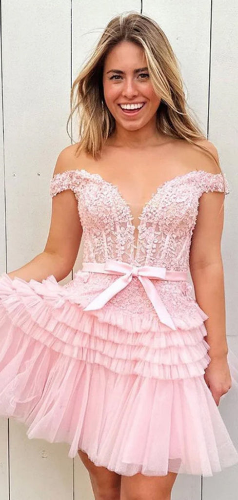 Elegant Off-shoulder Sleeveless Short Tulle A-line Pink Homecoming Dresses For Party Online, HD0829