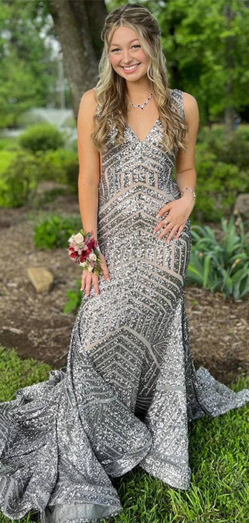 Sexy V-neck Sleeveless Mermaid Sequin Long Prom Dresses With Trailing For Party Online, OL337