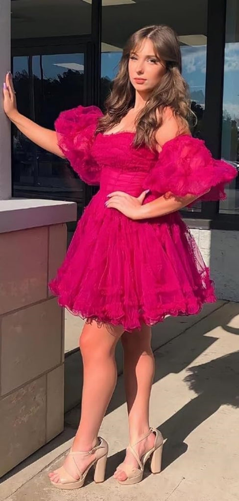 Sexy Off-shoulder Half Sleeve A-line Tulle Homecoming  Dresses For Party Online, HD1064