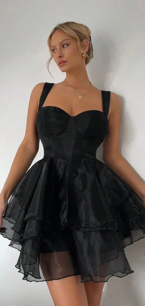 Sexy Spaghetti Strap Sleeveless A-line Tulle Black Short Homecoming Dresses For Party Online, HD1032