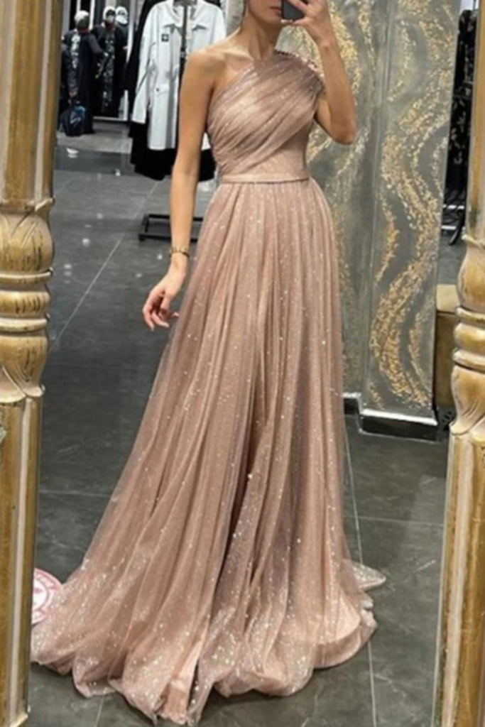 Shiny One-shoulder Sleeveless A-line Sequin Long Prom Dresses With Trailing Online, OL561