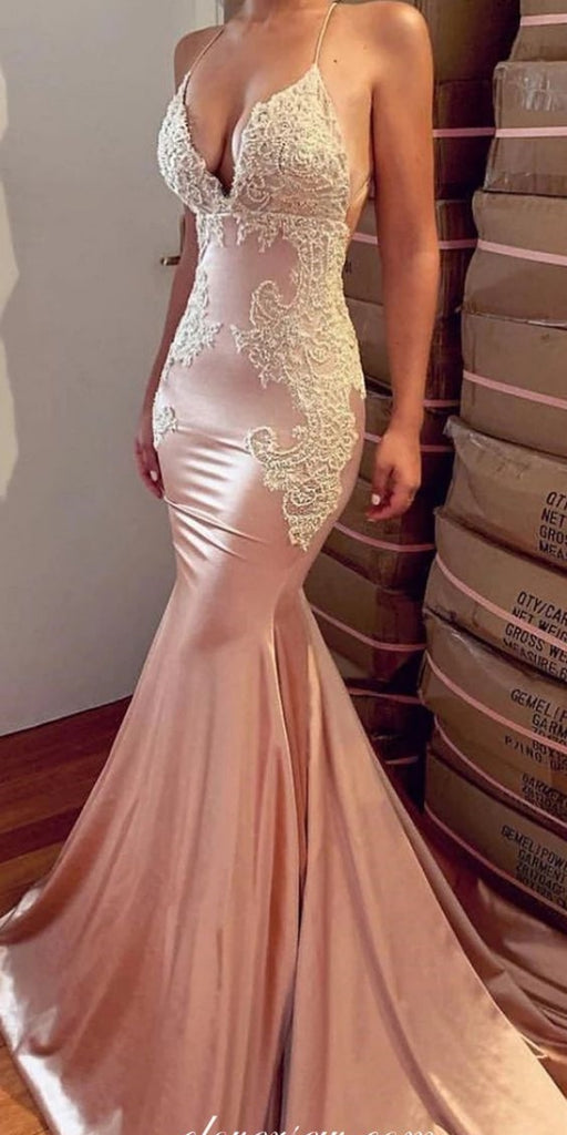 Sexy Spaghetti Strap Sleeveless Mermaid Satin Long Evening Prom Dresses Online, OLP645