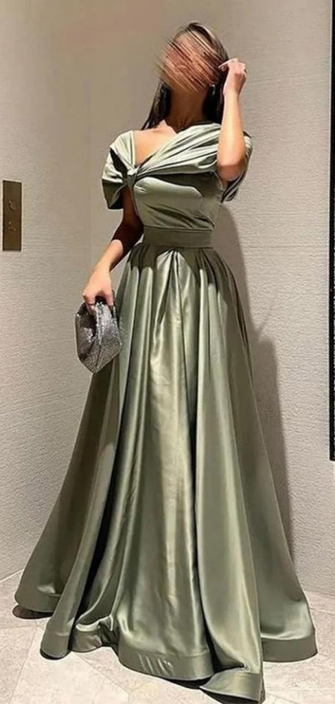 Formal Off-shoulder Sleeveless A-line Satin Long Evening Prom Dresses Online, OLP769