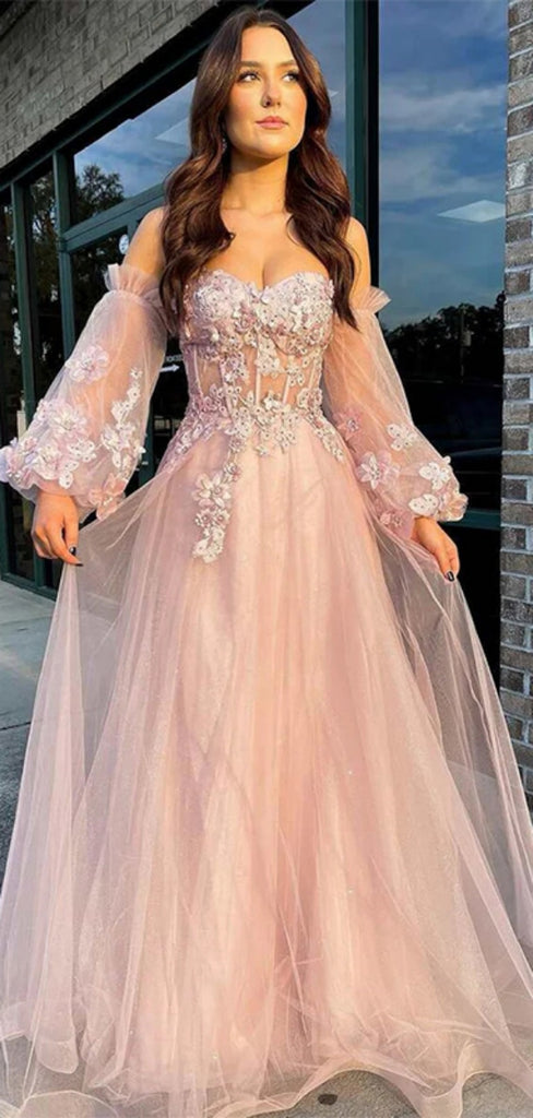 Unique Off-shoulder Full Sleeve A-line Tulle Long Prom Dresses For Party Online, OL385