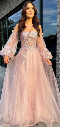 Unique Off-shoulder Full Sleeve A-line Tulle Long Prom Dresses For Party Online, OL385