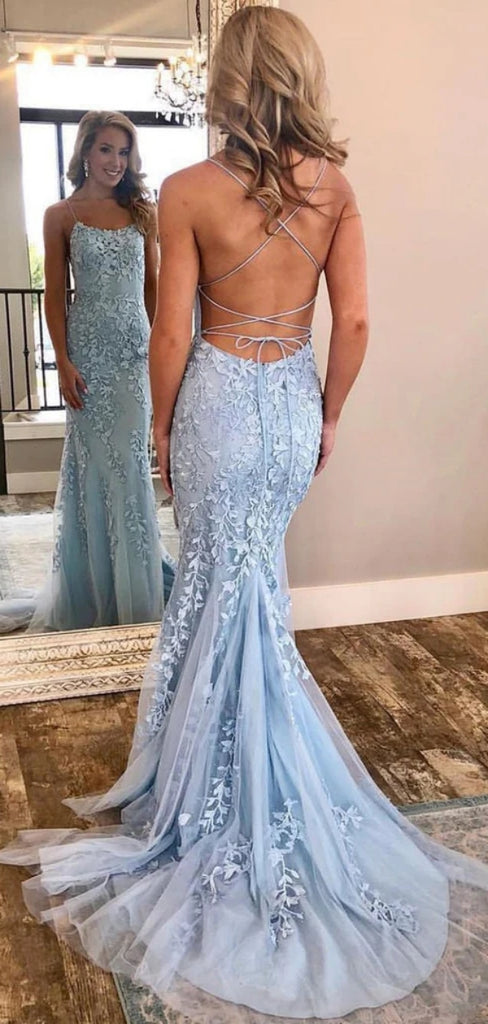 Unique Spaghetti Strap Sleeveless Mermaid Lace Long Prom Dresses With Trailing Online, OL481