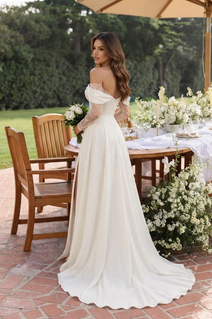 Classy Off-Shoulder Wedding Dresses Long Lace Sleeve Satin Slit Bridal Gown,WD0591